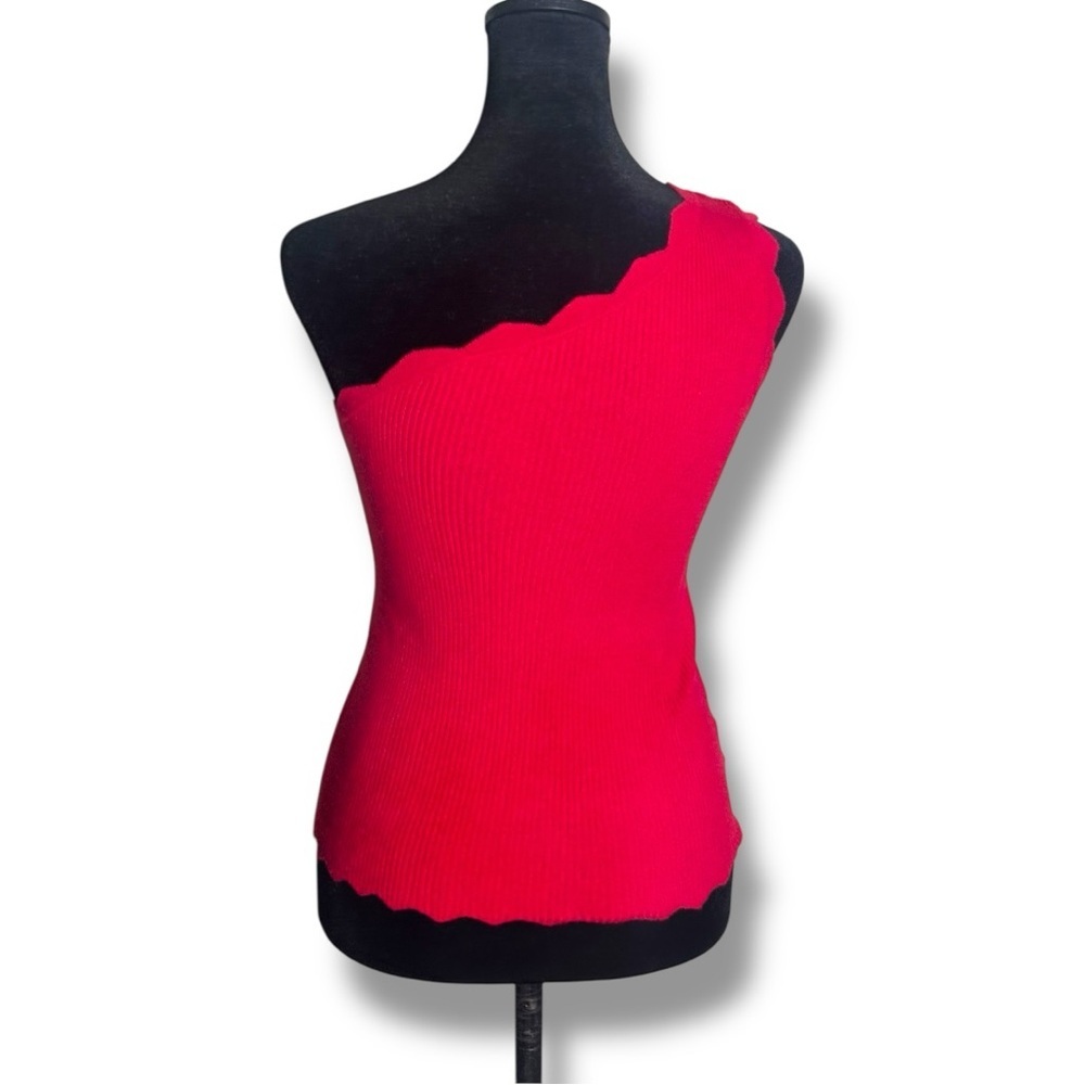 Unbranded Fun Bold Bright Red Scalloped Hem One Shoulder Tank Top - Picture 7 of 14